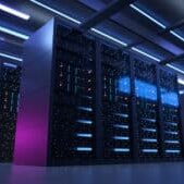 Working Data Center Full of Rack Servers and Supercomputers, Modern Telecommunications, Artificial Intelligence, Supercomputer Technology Concept.3d rendering,conceptual image.